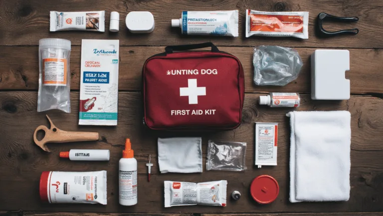 "An open hunting dog first aid kit on a mossy log in a forest, showing essential supplies like vet wrap and hemostats, with a hunter and Labrador retriever in the background."